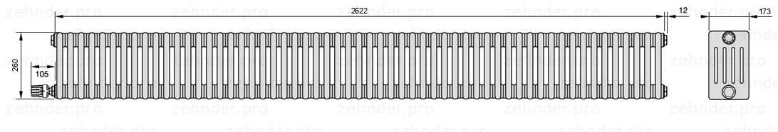 Схема (чертеж) Радиатор Zehnder Charleston 5026/57 №V004 Белый глянцевый RAL 9016